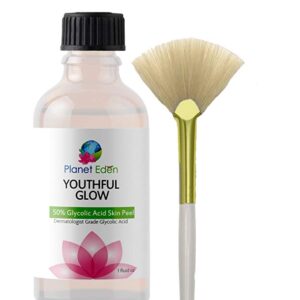 Planet Eden Youthful Glow 50% Glycolic Acid Peel with Free Treatment Fan Brush- Full Strength Cosmetic Grade Unbuffered
